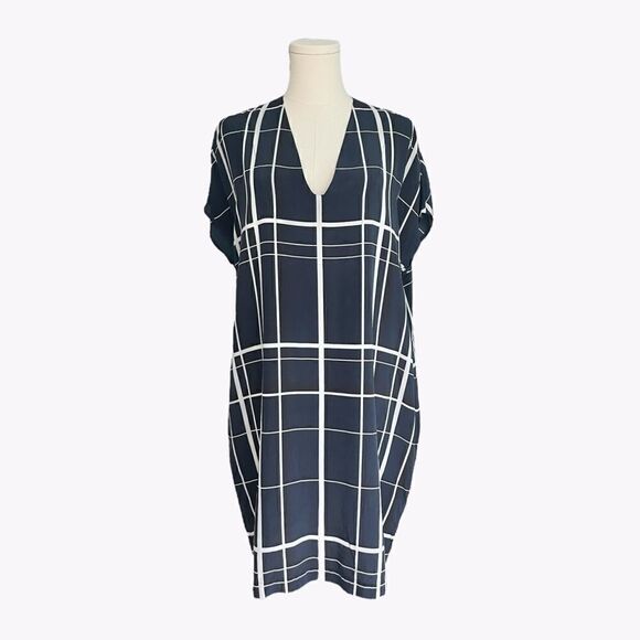 VINCE EUC Lattice print Silk dress in Blue Black & White Size M - Picture 1 of 11